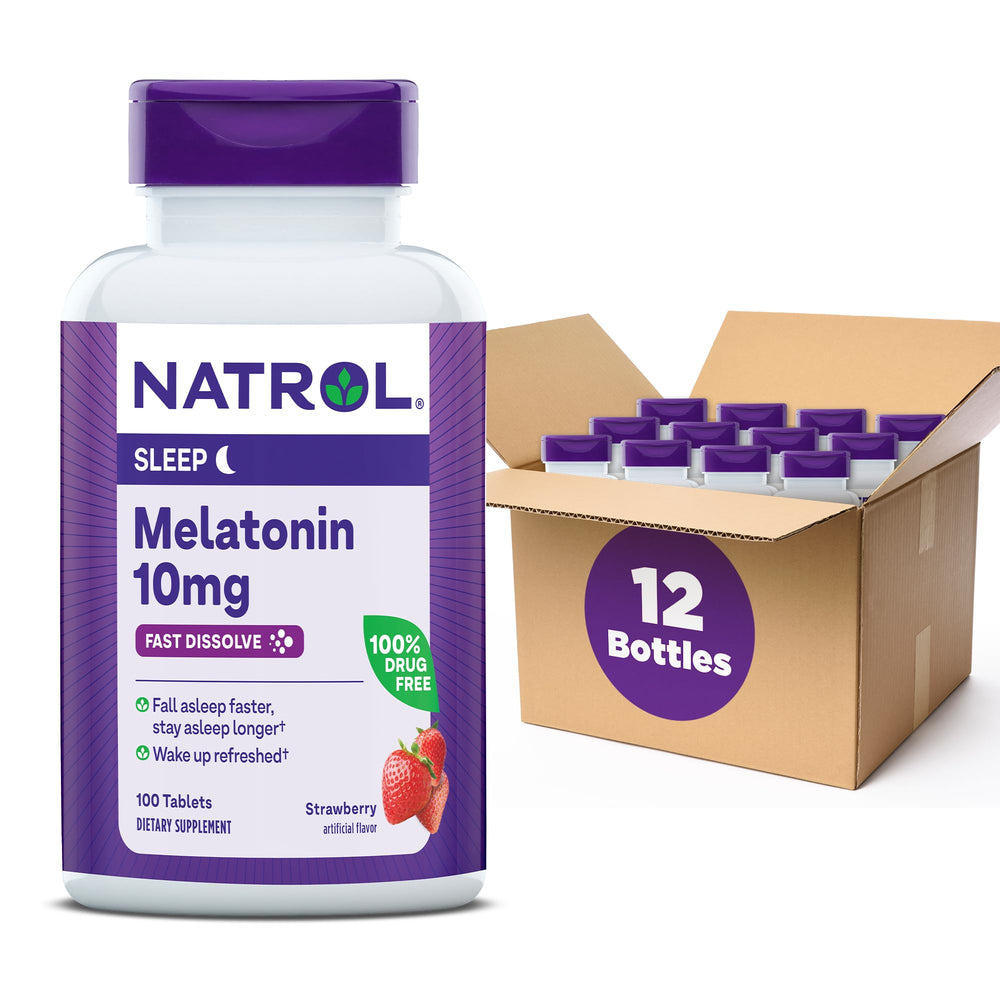 Natrol fast-dissolve melatonin 10 mg tablet in bottle for quick sleep onset.