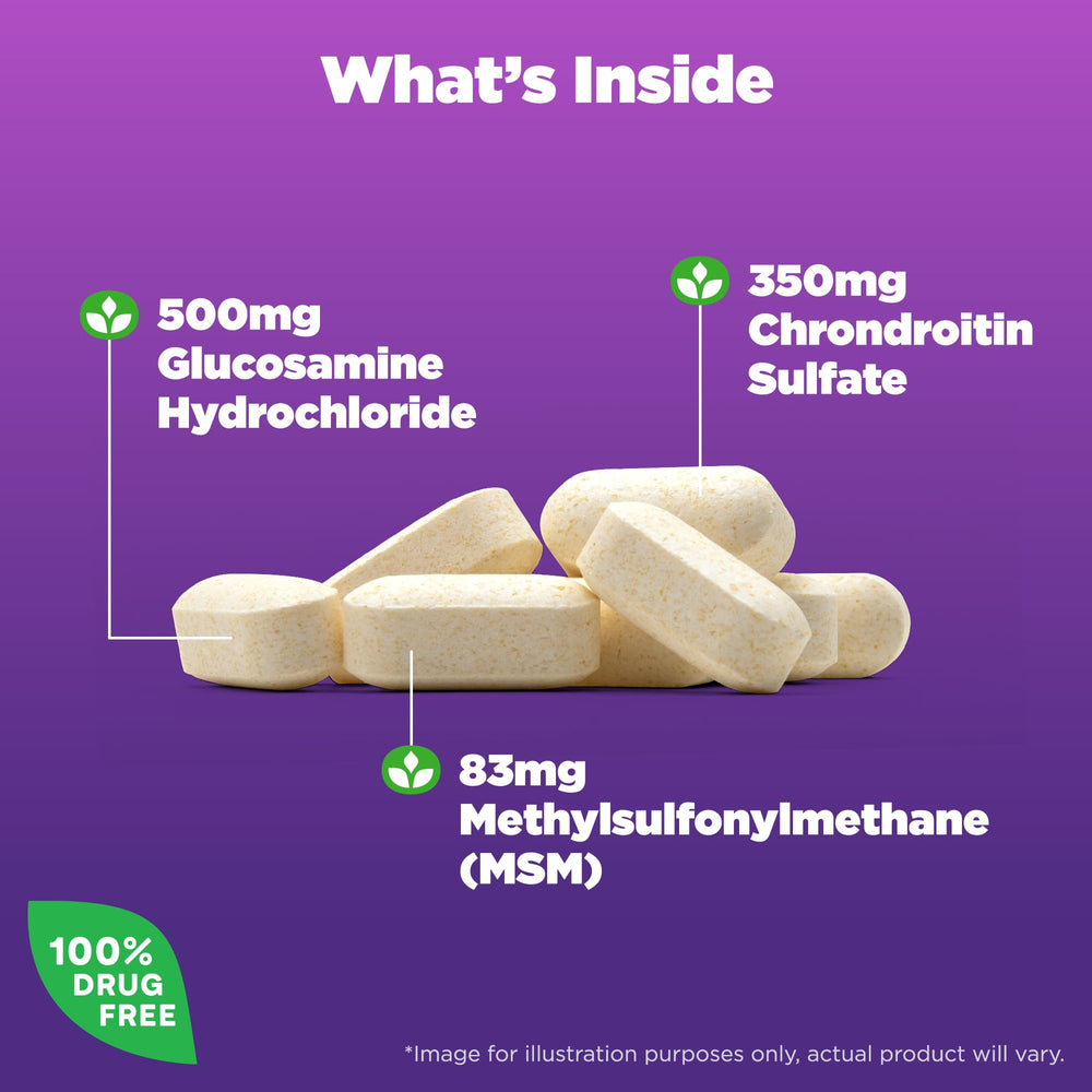 Natrol glucosamine chondroitin MSM tablets bottle side label with dosage and use guidance
