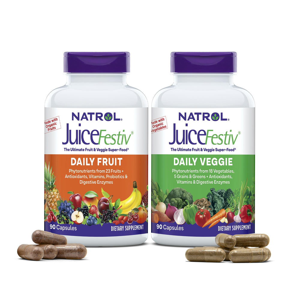 Natrol JuiceFestiv bottle front view highlighting daily fruit and veggie support.