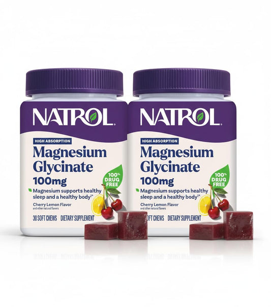 Natrol Magnesium Glycinate cherry lemon soft chew bottle for sleep support.