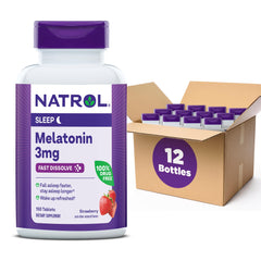 Natrol melatonin 3mg strawberry fast-dissolve tablet in a jar for easy nighttime support.