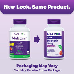 Natrol melatonin fast-dissolve tablets with strawberry flavor packaging.