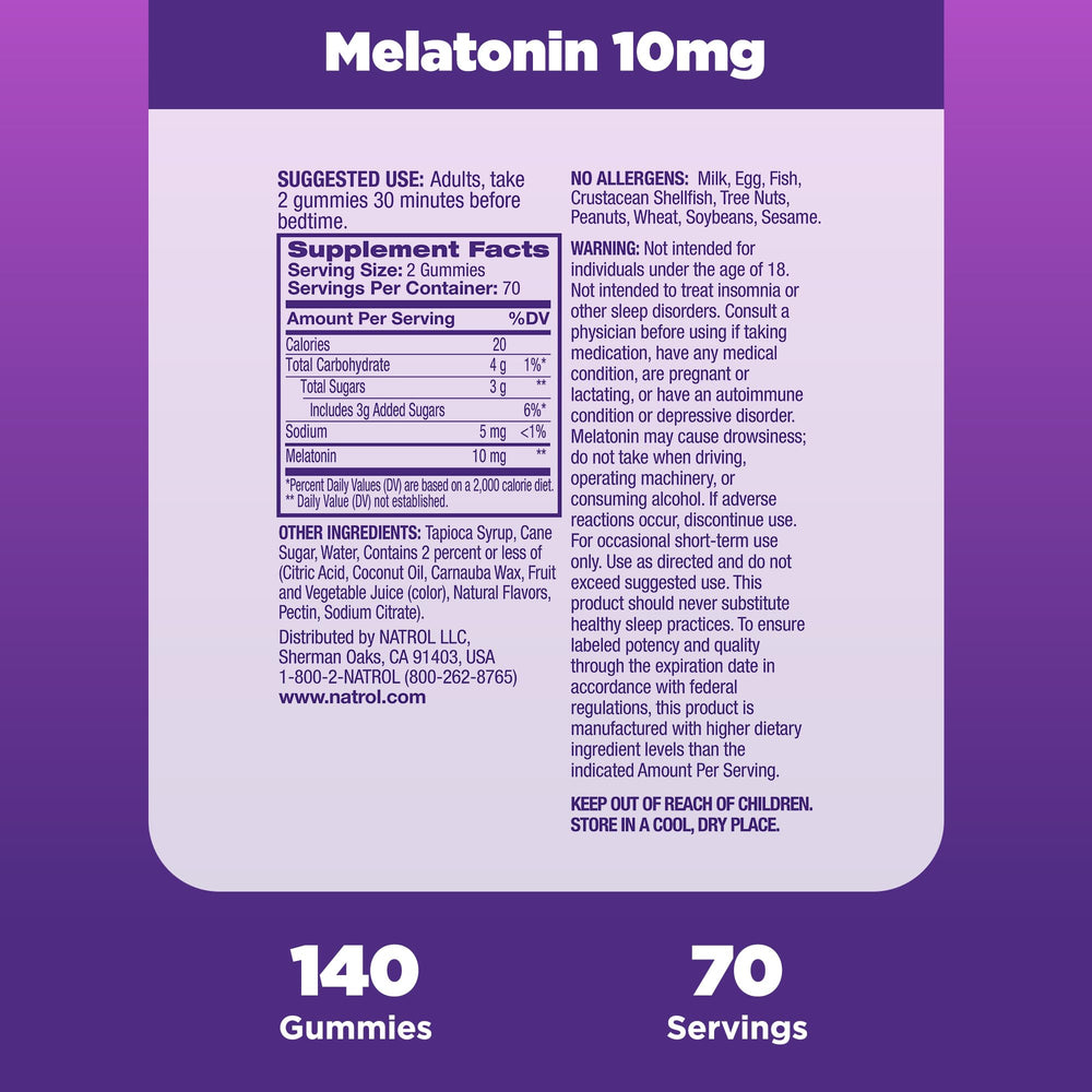 Natrol label shows gelatin-free formula and strawberry flavor.