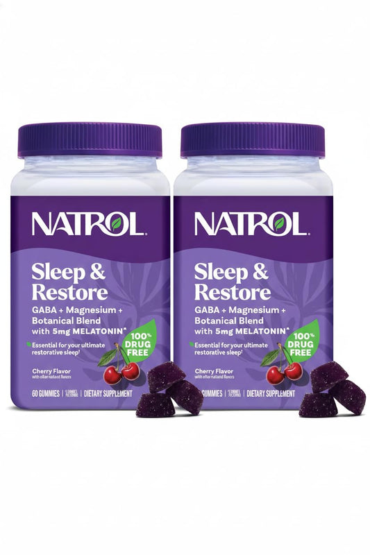 Natrol Sleep + Restore gummies bottle front with cherry flavor for a calming nightly routine.