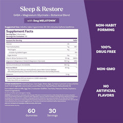 Natrol Sleep + Restore label detail highlighting tart cherry, lemon balm, and chamomile.