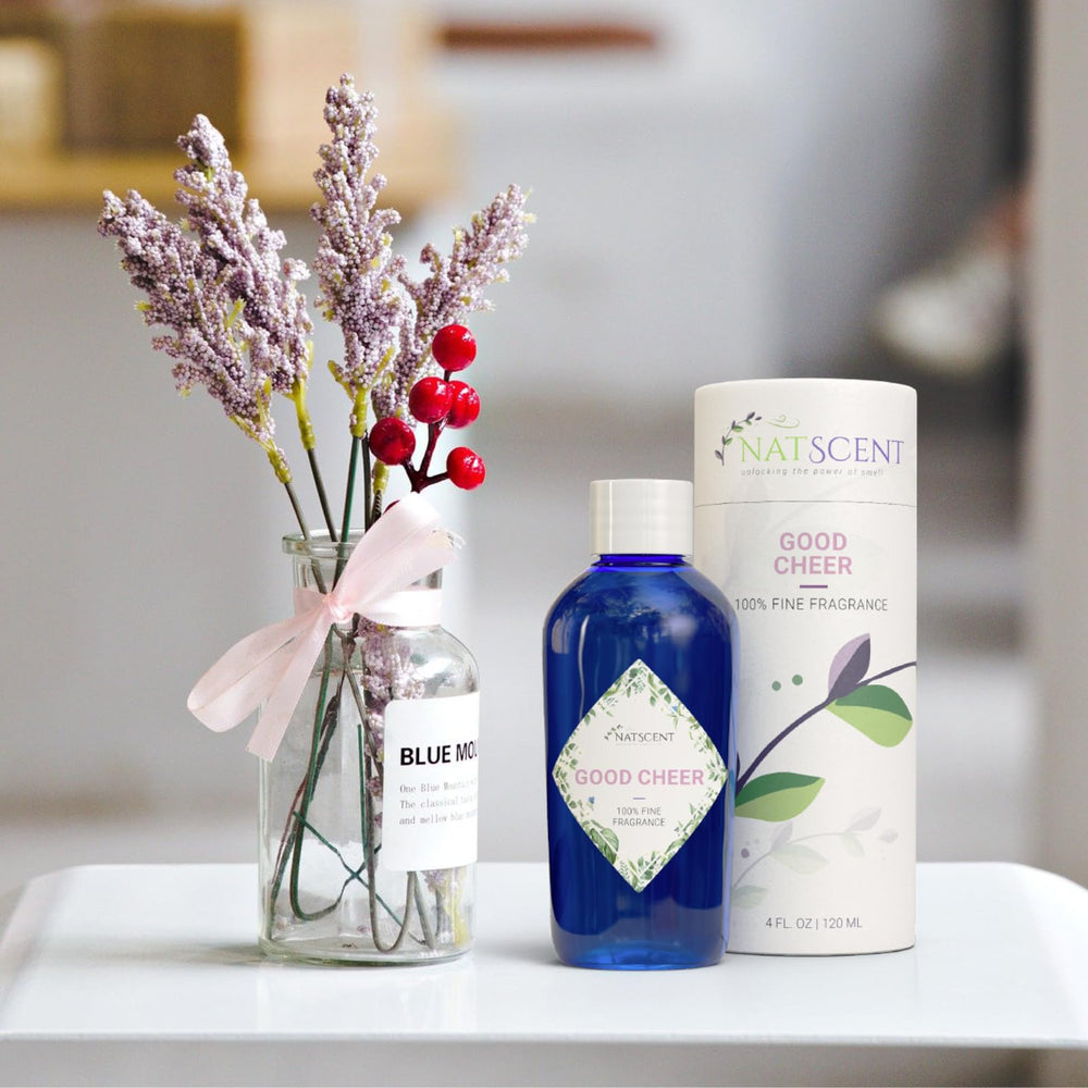 Natscent Good Cheer long-lasting aroma in cold-air diffusers with no residue.