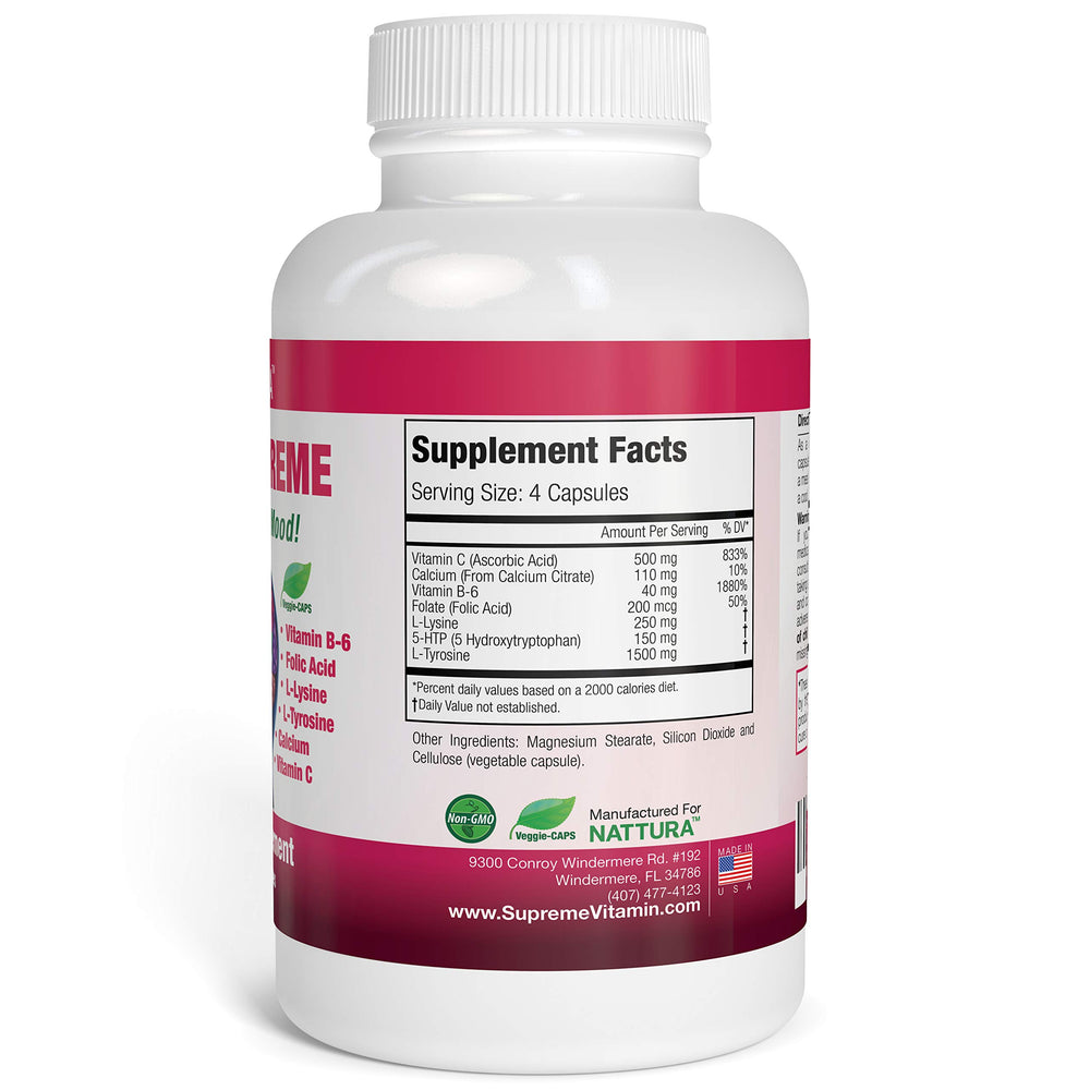 Nattura 5-HTP Supreme bottle label detail highlights ingredients
