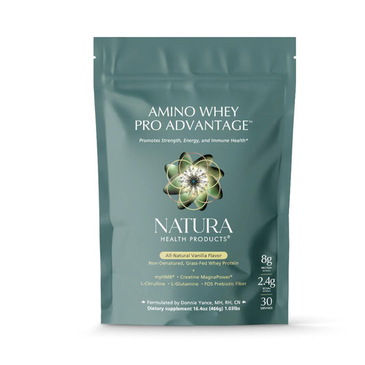 Natura Health Products Amino Whey Pro Advantage bottle label highlights grass-fed protein.
