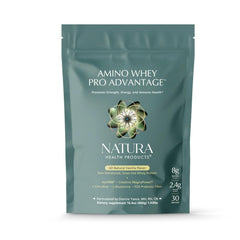 Natura Health Products Amino Whey Pro Advantage bottle label highlights grass-fed protein.