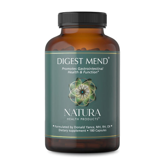 Natura Health Digest Mend bottle on shelf signaling daily digestive support.