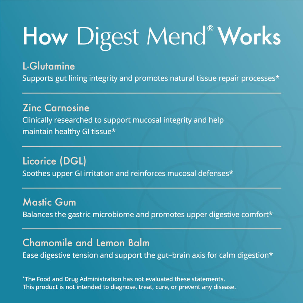 Natura Health Digest Mend label detail highlights DGL and herbal blend.