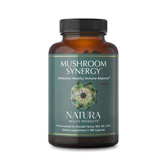 Natura Health Mushroom Synergy bottle with turkey tail capsules for immune balance.