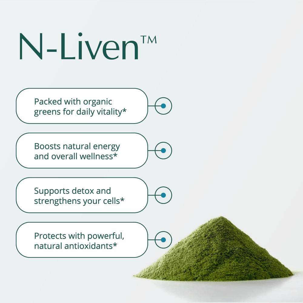 Natura Health N-Liven with spirulina and chlorophyll enhances nutrient density in smoothies.