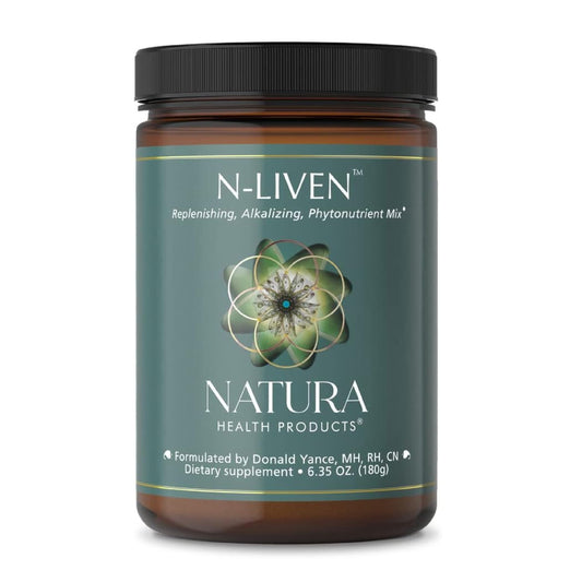 Natura Health N-Liven 180g tub for daily greens powder supporting antioxidant intake.