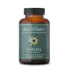 Natura Health Products Iron Synergy bottle-front shows food-grown iron for improved absorption.