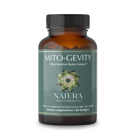 Natura Health Products Mito-Gevity bottle closeup for daily mitochondrial energy support.