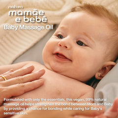 Natura Mamãe e Bebê massage oil applied during a baby massage routine.