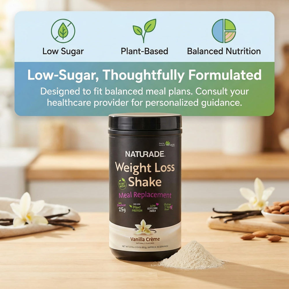 Naturade box packaging communicates plant-based protein and low sugar.