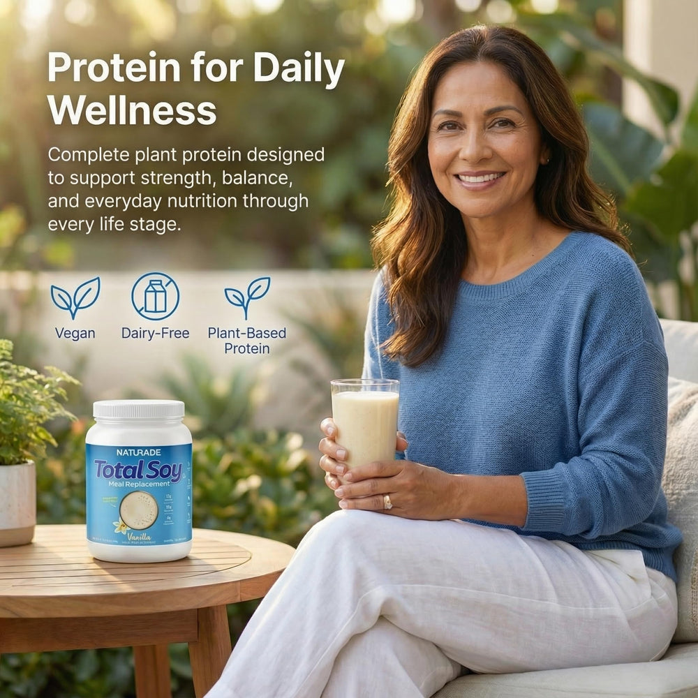 Naturade Total Soy protein ingredients panel shows low sugar and gluten-free formulation.