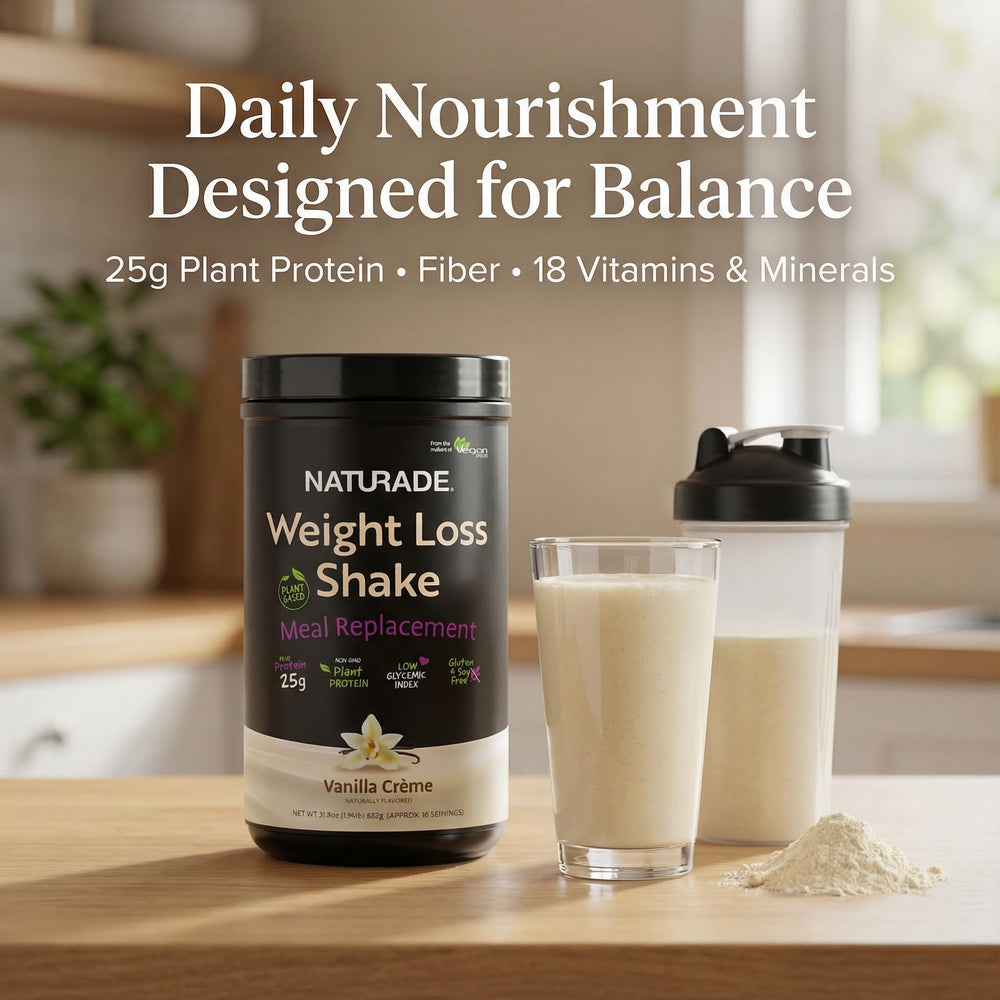 Naturade vanilla shake glass with froth suggests quick, satisfying refreshment.