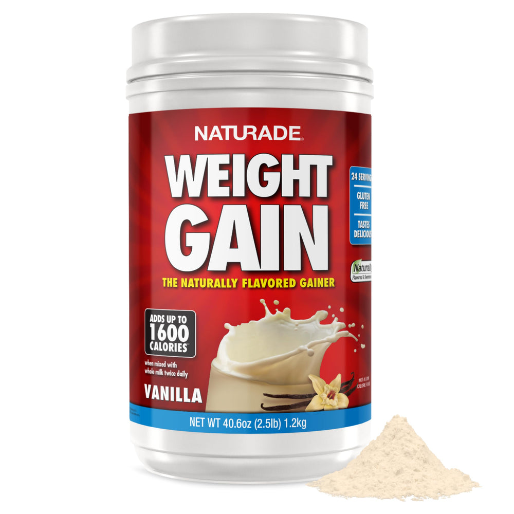 Naturade Weight Gain Nutrition Drink Mix bottle in vanilla flavor, ready to use.