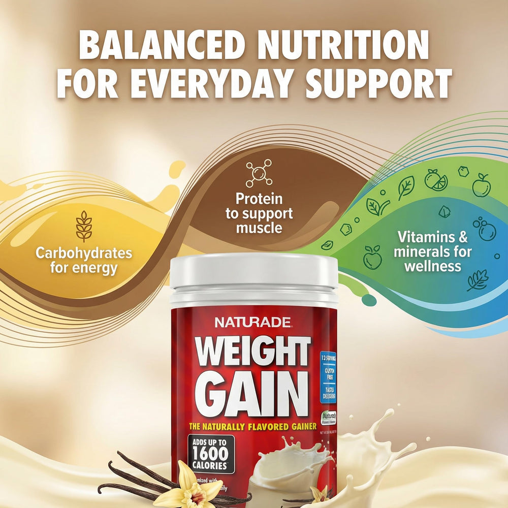Scoop of Naturade Weight Gain vanilla powder for precise portions.