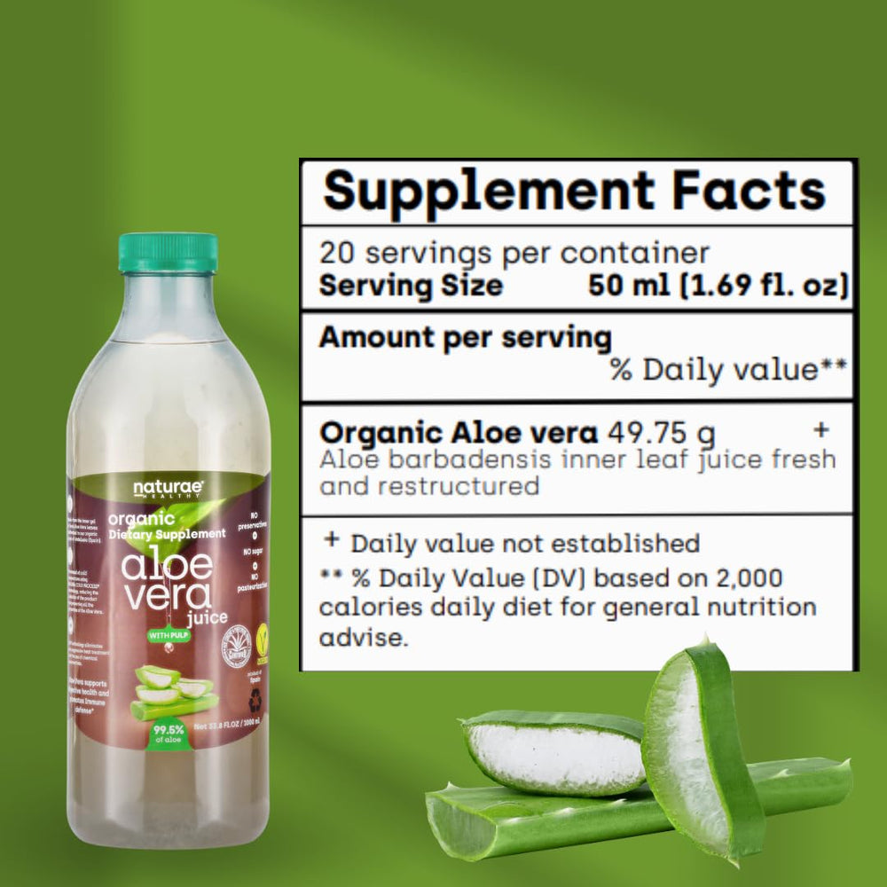 Naturae Aloe Vera Juice with Pulp label close-up highlights purity and cold-processed freshness.