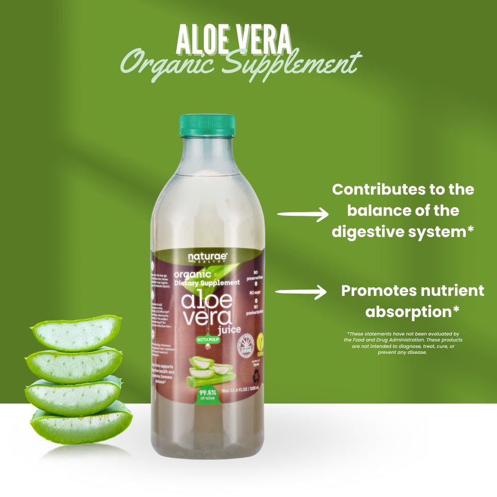 Naturae Aloe Vera pulp visible in the juice signals natural texture.