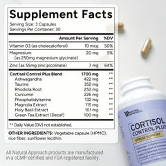 Natural Approach Cortisol Control Plus night-relaxation scene hints wind-down support.