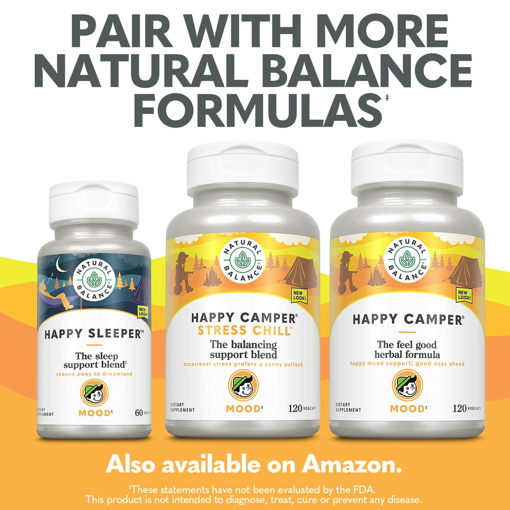 Bottle with 60 servings suggests a daily ritual with Happy Camper.