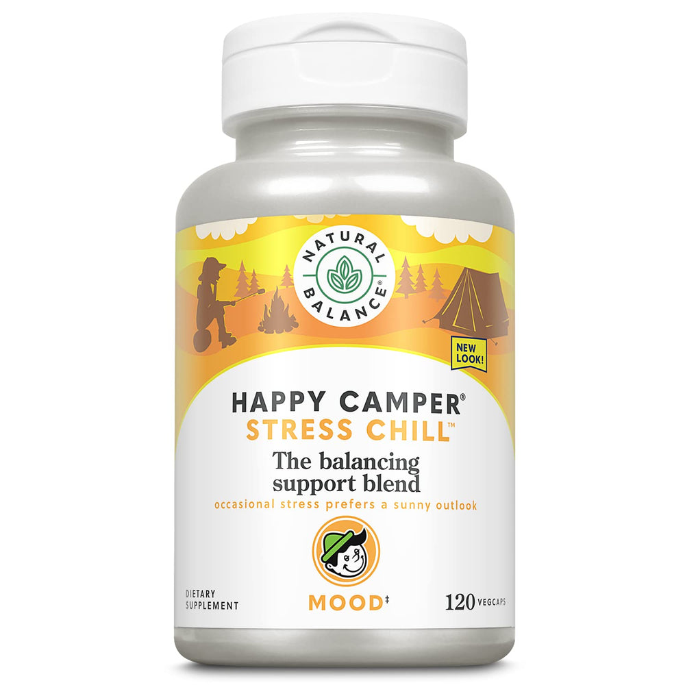 Natural Balance Happy Camper bottle pour showing the herb blend for daily stress support