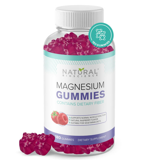Natural BioScience sugar-free magnesium gummies bottle for daily stress relief.