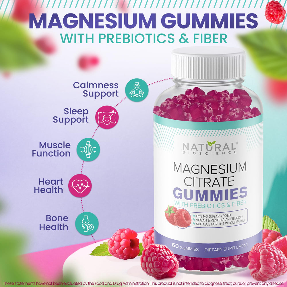 Natural BioScience sugar-free magnesium gummies for kids and adults supporting a calming routine.