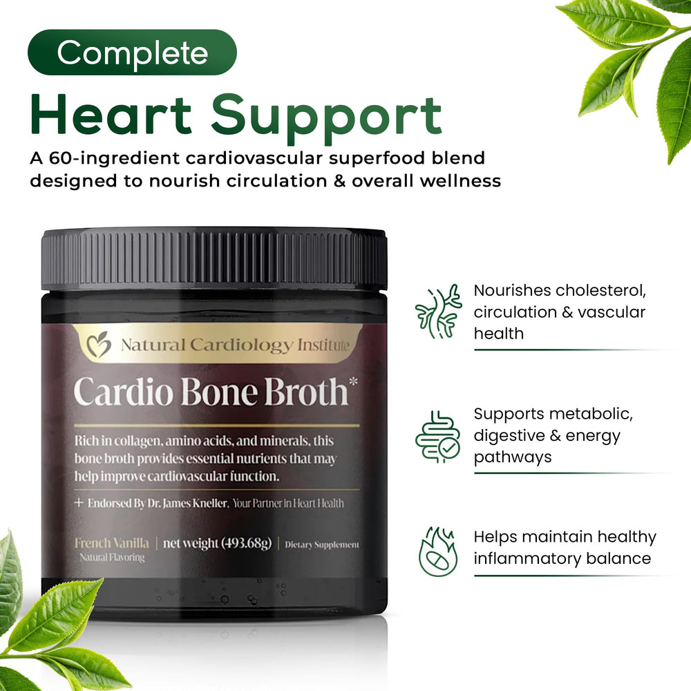 Natural Cardiology Institute Cardio Bone Broth Vanilla pour shows easy daily mix for heart wellness.