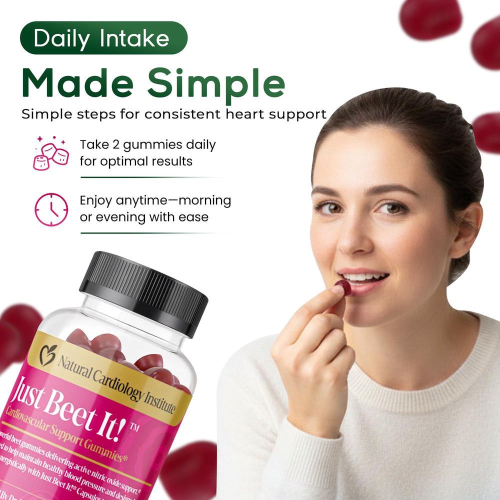 Just Beet It CoQ10 gummies close-up emphasizing energy and circulation support.