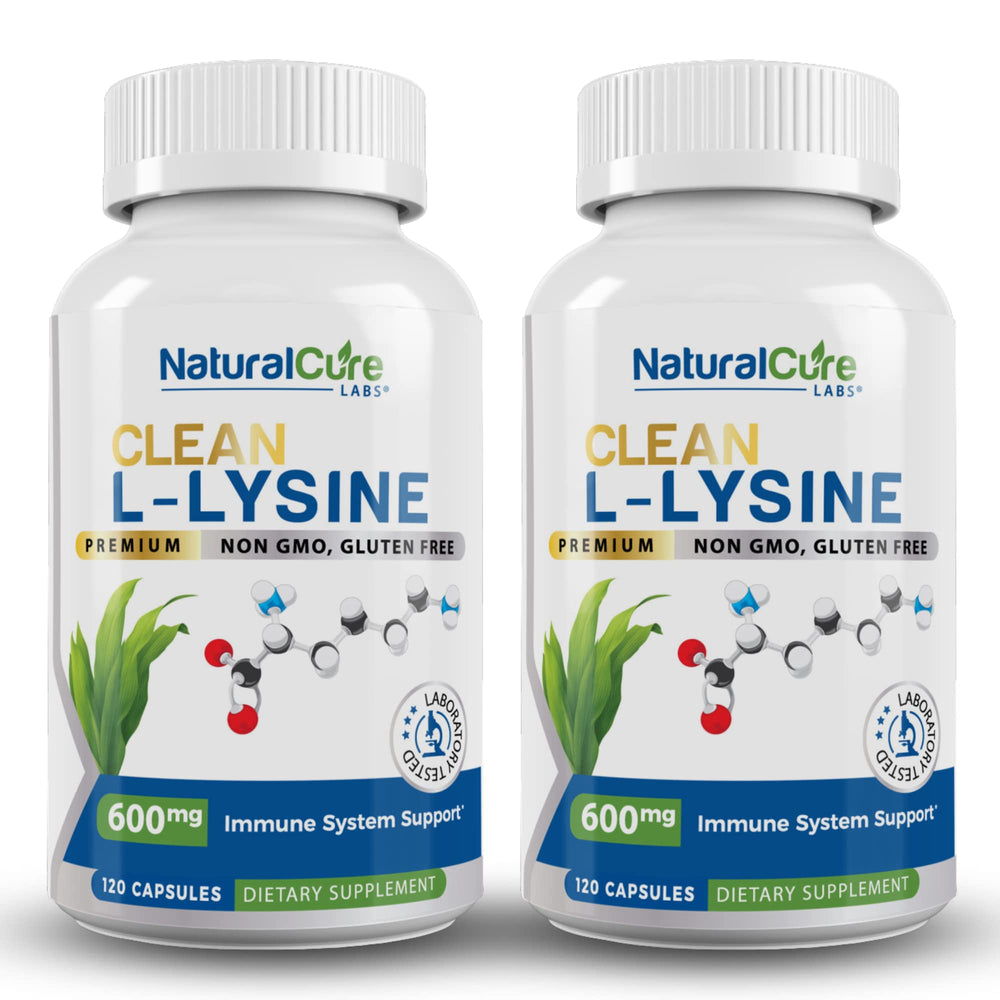 Natural Cure Labs Clean Lysine 600mg capsules in bottle for daily vegan support.