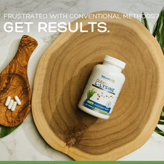 Natural Cure Labs Lysine 600mg capsules bottle shows USA formulation.