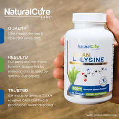 Natural Cure Labs Lysine 600mg capsules close-up, highlighting vegan formula for clean nutrition.