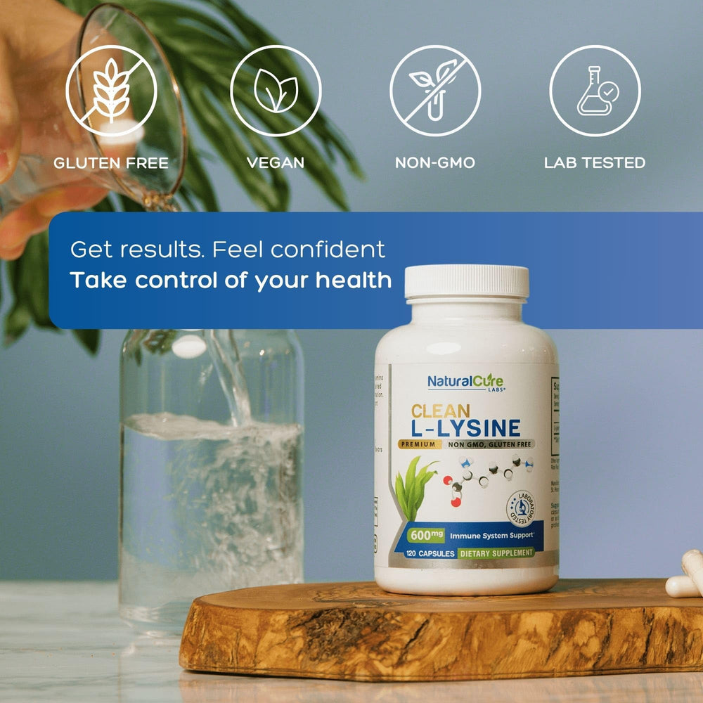 Natural Cure Labs Lysine 600mg capsules packaging shows non-GMO claim.