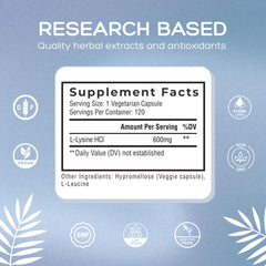 Natural Cure Labs Lysine 600mg capsules on shelf with GMP badge.