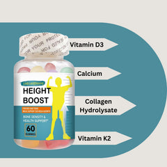 Height Boost label highlighting calcium, vitamin D3, and K2 for growing bones