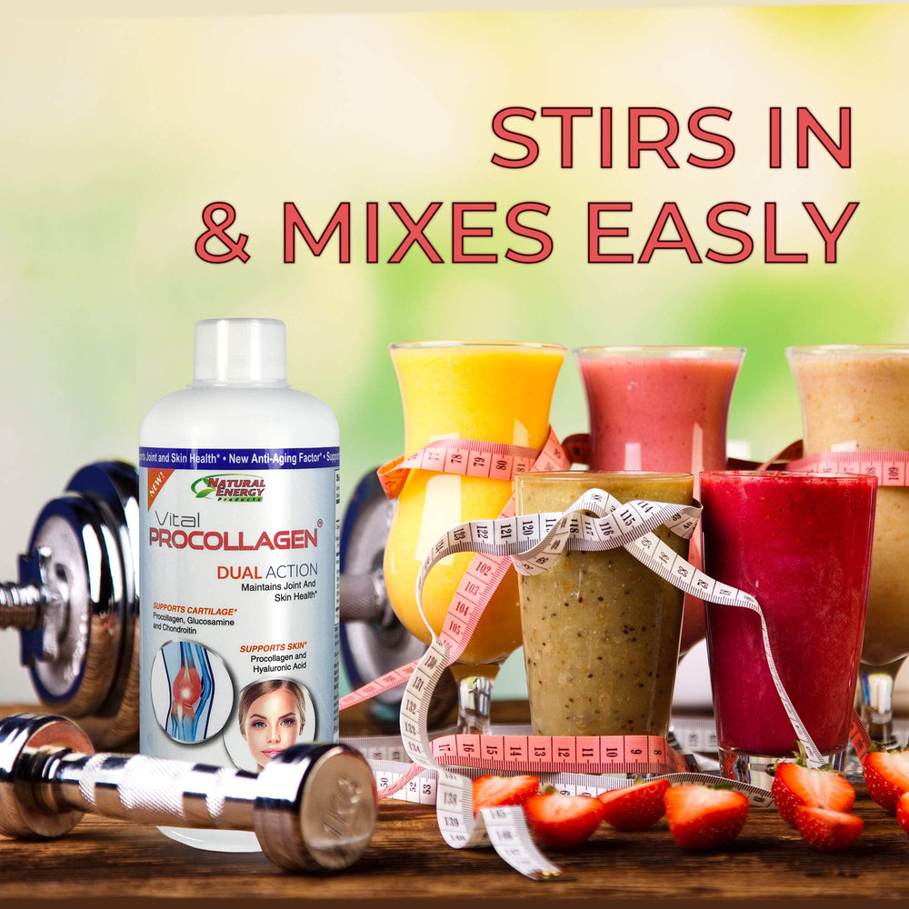 Natural Energy Vital Procollagen glass and spoon ready for bedtime routine and skin support.