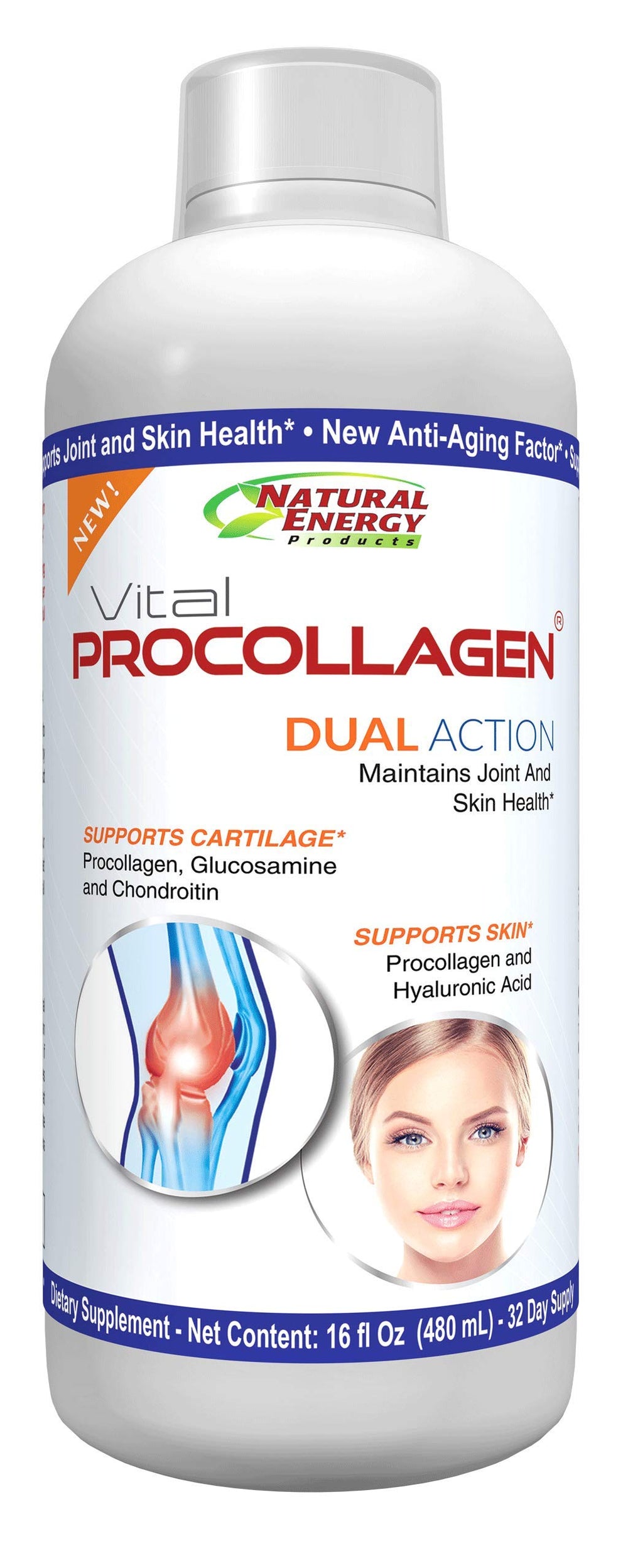 Natural Energy Vital Procollagen bottle front shows easy skin and joint support.