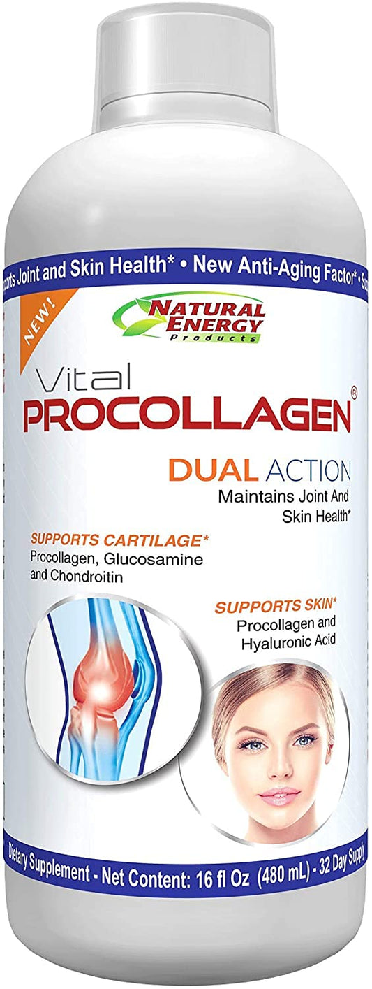 Natural Energy Vital Procollagen bottle front with snickerdoodle flavor, supports healthy skin and joints.