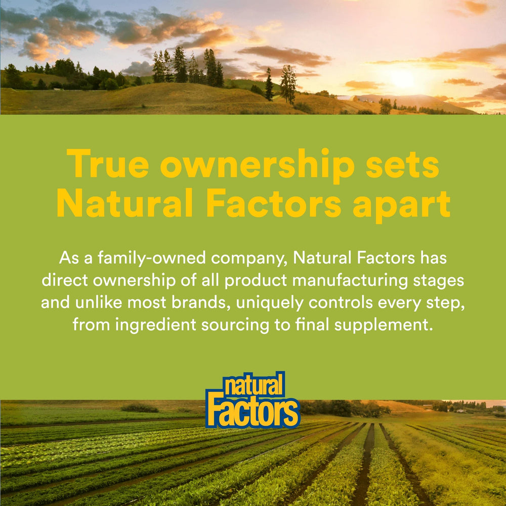 Natural Factors family-owned brand story board underscores direct manufacturing control.