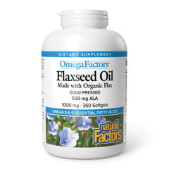 Natural Factors Omega Factors flaxseed oil bottle front view for easy daily omega-3 intake.