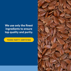 Seal indicating cold-press process preserves natural richness in flaxseed oil.