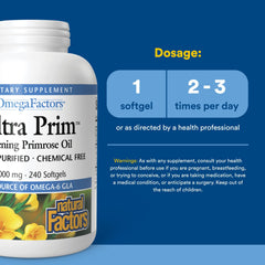 Natural Factors Omega Factors Ultra Prim label shows 1000 mg oil and 100 mg GLA per softgel.