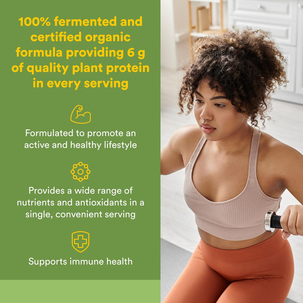 Natural Factors organic fermented greens powder with a scoop for easy mixing and daily nutrient support.