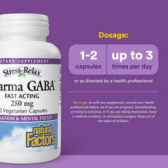 Natural Factors Pharma GABA bottle label emphasizes dairy-free and gluten-free formula